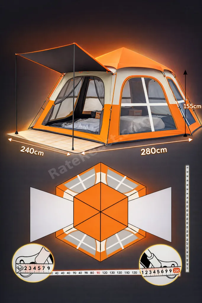 6 Kişilik Büyük Aile Kamp Çadırı Otomatik 280x240x155 cm Su Geçirmez Tente Gölgelikli