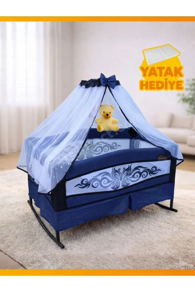 Katlanır Mini Park Beşik Sallanır Anne Yanı Bebek Beşiği 50x80 Metal Tüllü Yatak Hediyeli