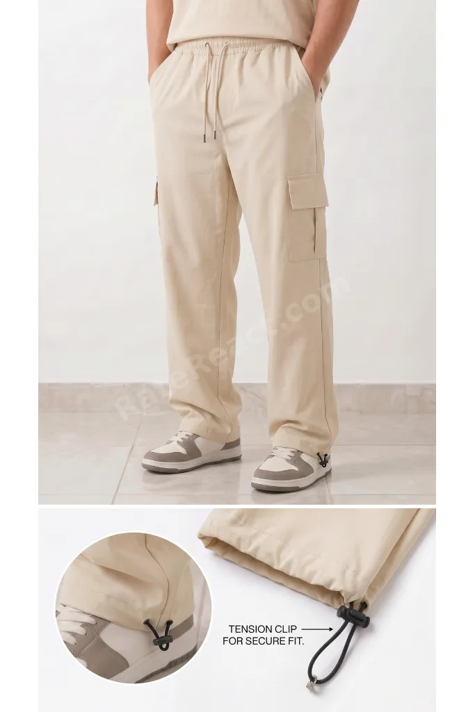 Erkek Bej Paraşüt Kumaş Komando Cepli Klipsli (Ayarlanabilir paça) Baggy Eşofman Alt