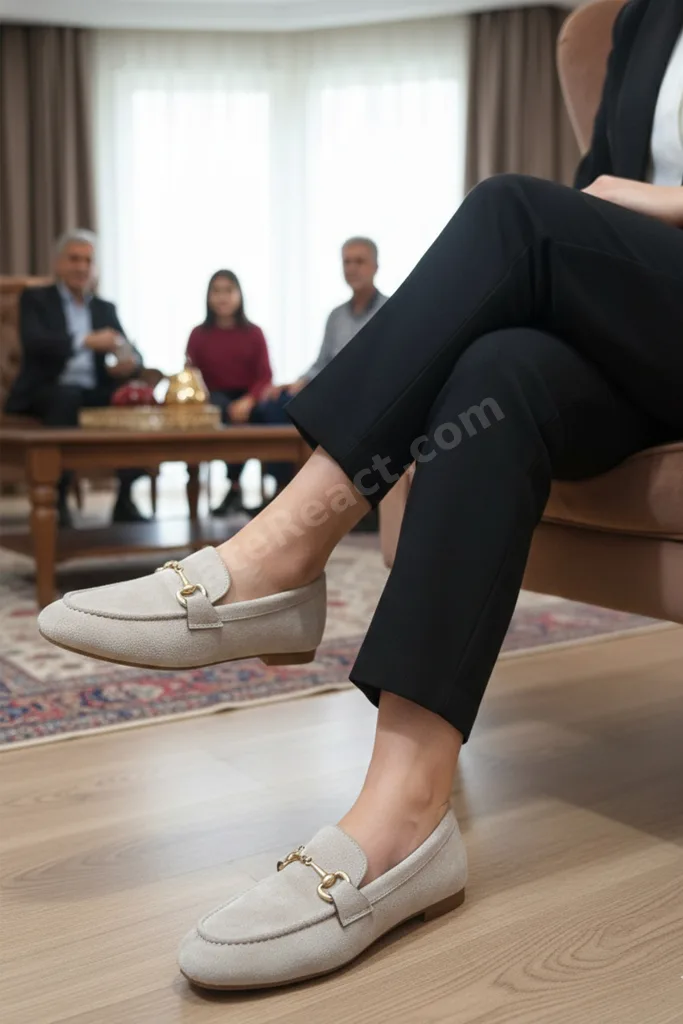 Kadın Bej Günlük İthal Süet Tokalı Loafer Casual Ortopedik Hafif Esnek Rahat Şık Kadın Ayakkabı