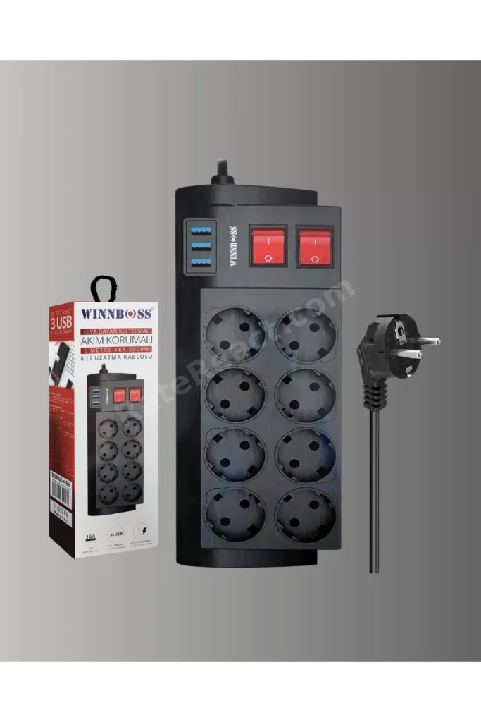 Termal Korumalı 8 Prizli 3 USB’li Uzatma Kablosu Yeni Nesil
