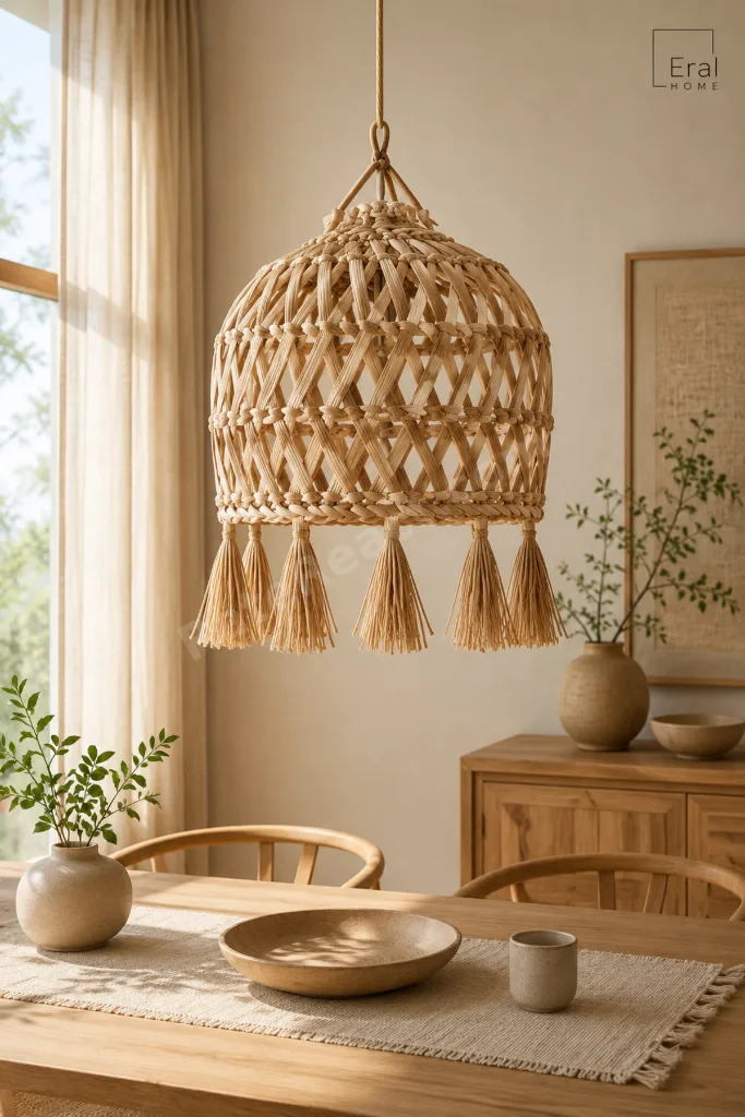 Dekoratif Rattan El Örmesi Hasır Tarz Tekli Sarkıt Avize 30 cm İskandinav Balkon Bahçe Salon