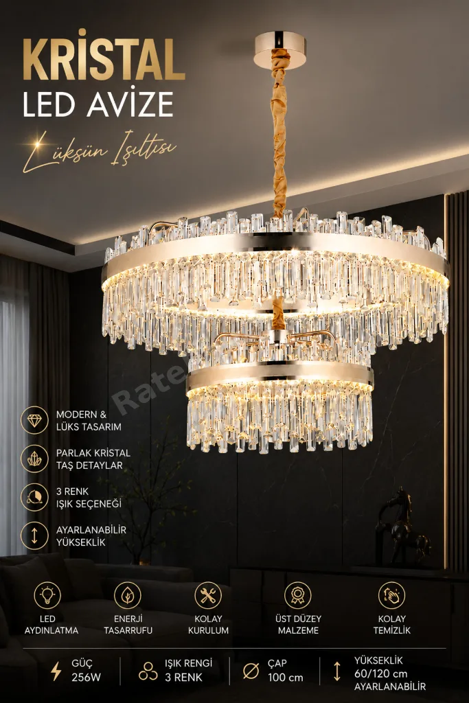 Modern (PREMIUM) Kristal Taşlı Gold LED Avize Cm 3 Renk Ayarlı Lüks Salon Yemek Odası Avizesi 256W