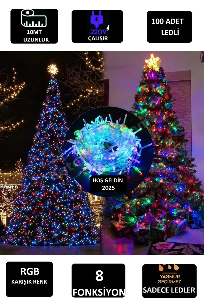 Yeni Yıl Karışık Renkli Led Işık 8 Fonksiyonlu 10 M 100 Ampül