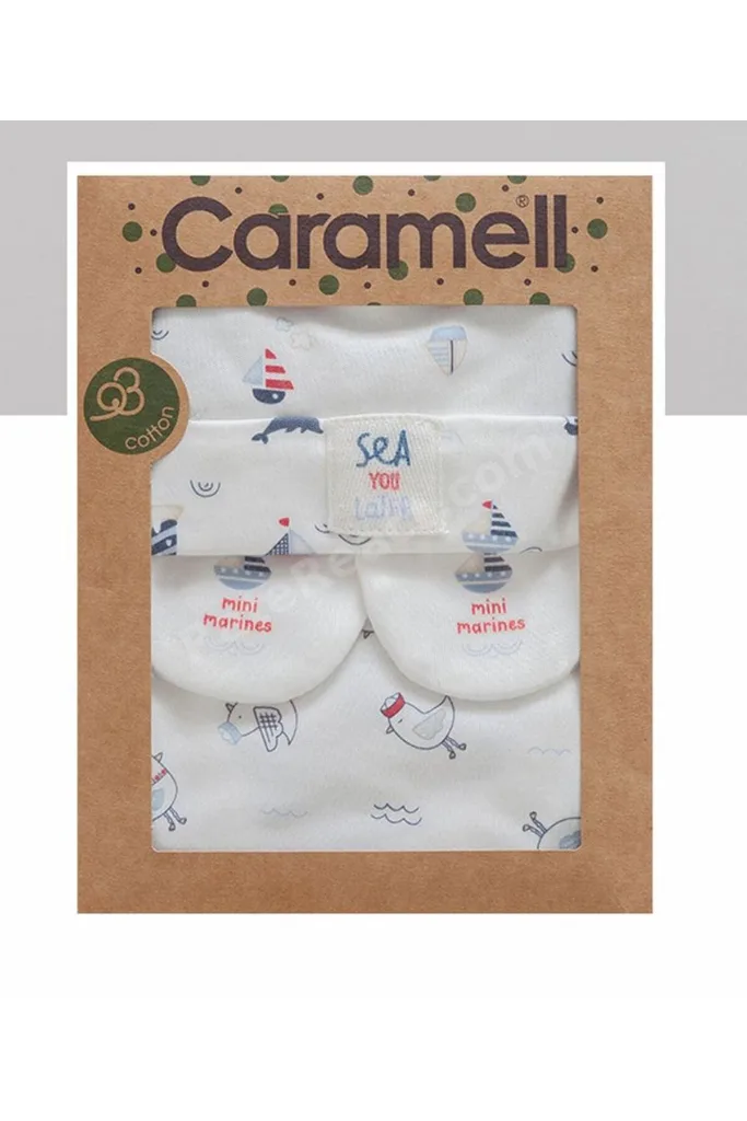 İncibaby Caramell % 100 Organik Pamuk Yumuşak Dokulu Marine Detaylı (Bere, Eldiven, Önlük) 3'lü Set kutulu Hediyelik