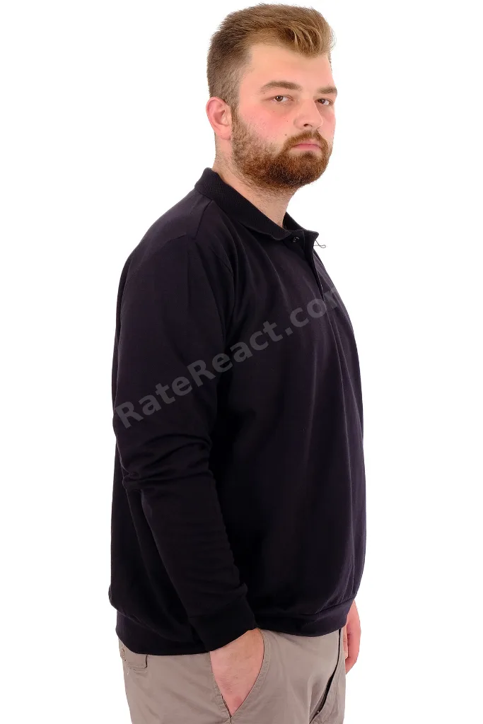 Mode XL Büyük Beden Erkek Polo Yaka Sweatshirt Nakışlı U24340 Siyah