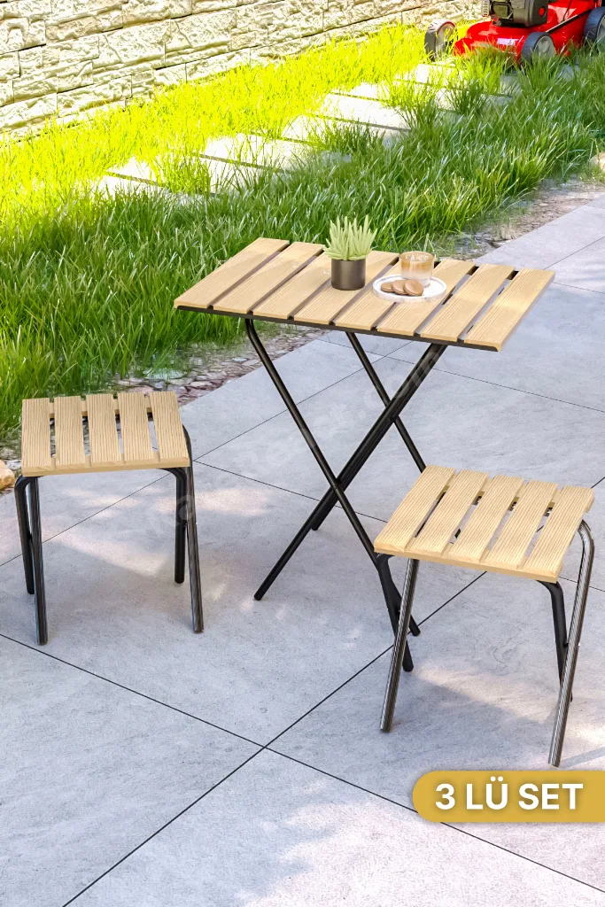 Bahçe Masası Kamp Masası Yükseklik Ayarlı Masa Sandalye Bistro Ahşap Kamp Masası Taburesi 3'lü Set