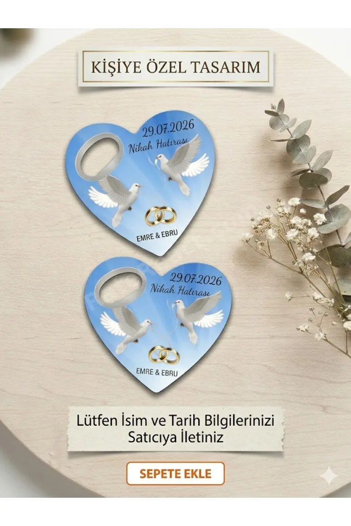 100 adet Nikah, Nişan, Sünnet Hediyelik Magnet Açacak - Çift Güvercin Tasarımlı