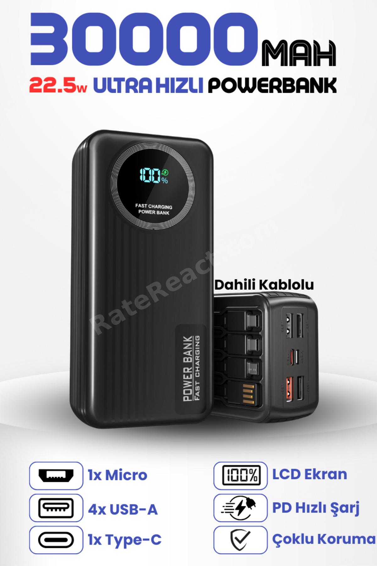 30.000 Mah 22.5W Hızlı Şarj Destekli Forefo Dahili Kablolu Taşınabilir Batarya Powerbank