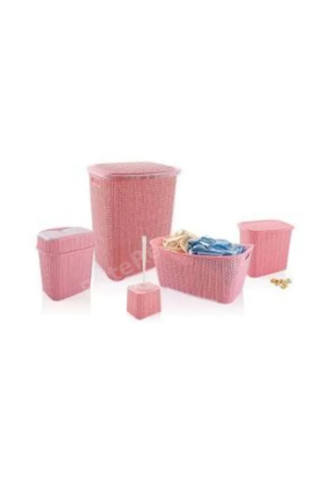 5 Parça Örgü Desenli Plastik Banyo Seti Çamaşır Sepeti Deterjanlık Klik Çöp Kovası Klozet Fırçası