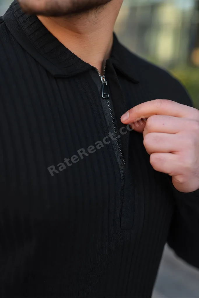Erkek Fitilli Kumaş Polo Yaka Yarım Fermuarlı Kazak