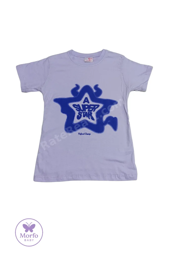 Yıldız Baskılı Kız Çocuk Bisiklet Yaka Lila T-shirt