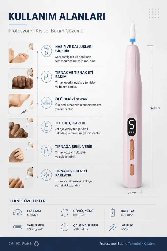 Standlı Şarjlı Profesyonel Tırnak Törpüsü, UV Kurutuculu 59 Parça Manikür Freze Seti 714666