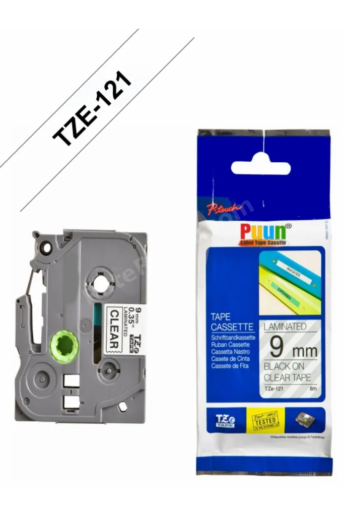 Brother TZe-121 9mm*8mt Şeffaf üzerine Siyah Laminasyonlu Muadil Etiket (TZe Tape)