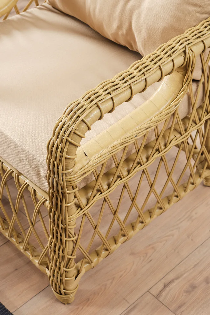 Edra Rattan Puflu Bahçe Balkon Takımı 3+1+1+Camlı Masa Cappuccino