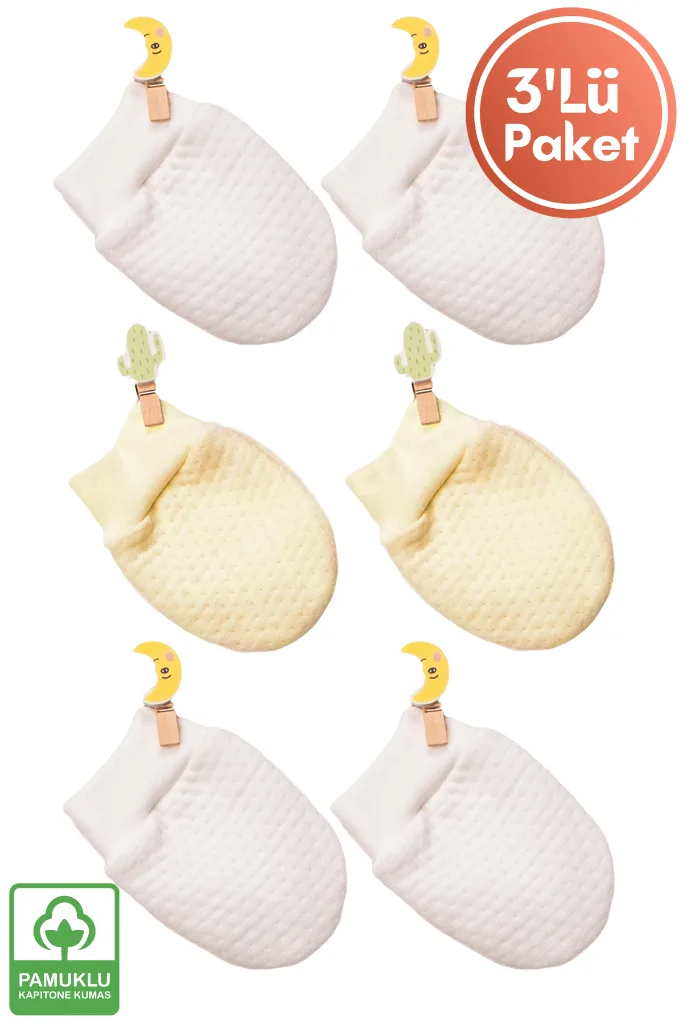 Unisex Bebek Yenidoğan Organik Pamuklu Kapitone Kumaş Bebek Eldiveni 3 Çift  Set