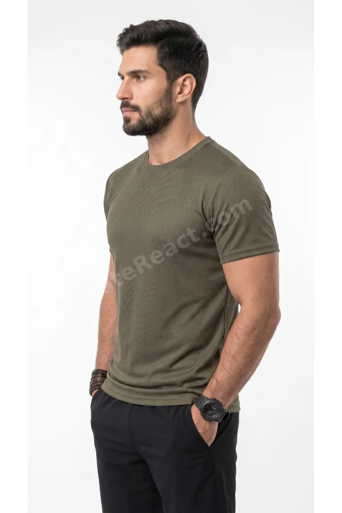Erkek Haki Spor T-Shirt Nefes Alabilen Ter Tutmaz Çabuk Kuruyan Esnek Yapılı Hava Alan Kumaş