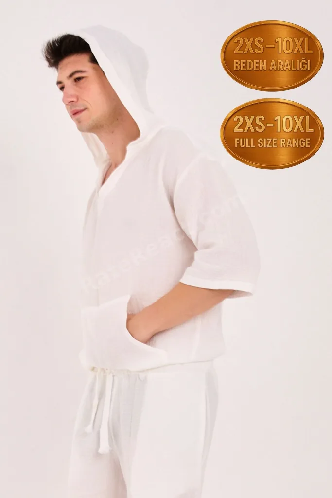 %100 Pamuk Kanguru Cep Yazlık Kapüşonlu Müslin Ekru Sweatshirt