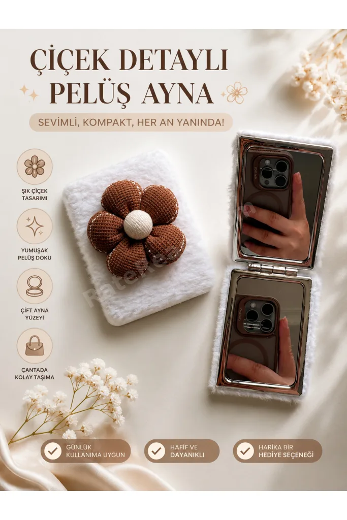 Çiçek Detaylı Peluş Cep Aynası | Şık ve Taşınabilir Kadın Aynası