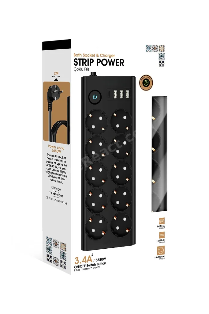 10'lu 2MT Uzatma Kablolu Çoklu Priz Akım Korumalı Grup Uzatma Priz 3X USB 1X Type-C Çıkışlı Priz