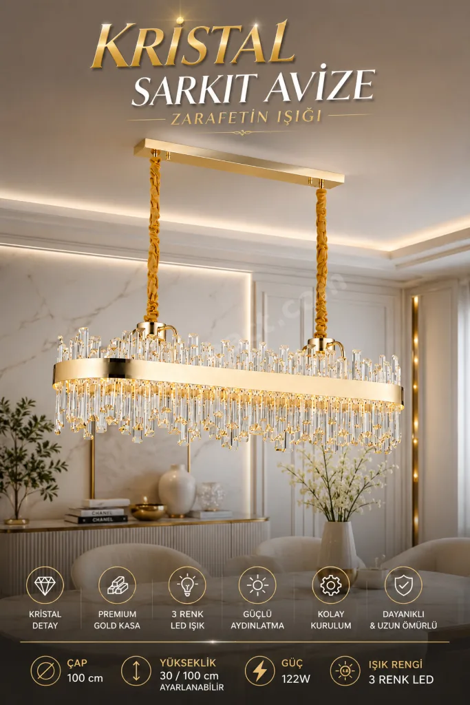 Modern (PREMIUM) Gold Kristal Sarkıt Avize 3 Renk LED Aydınlatma Lüks Salon Yemek Odası Avizesi 122W