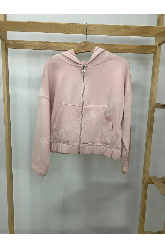 Kapüşonlu Toz Pembe Kız Çocuk Crop Hırka