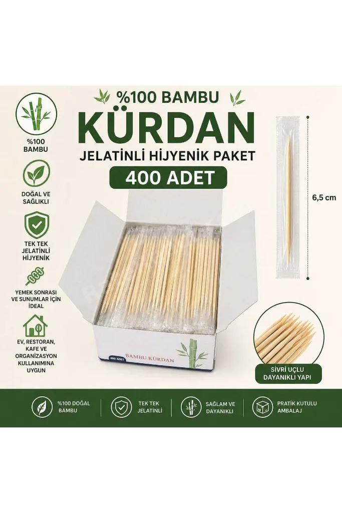 400 Adet %100 Bambu Jelatinli Kürdan Tek Tek Paketli Hijyenik Servis Pratik Ahşap Kürdan