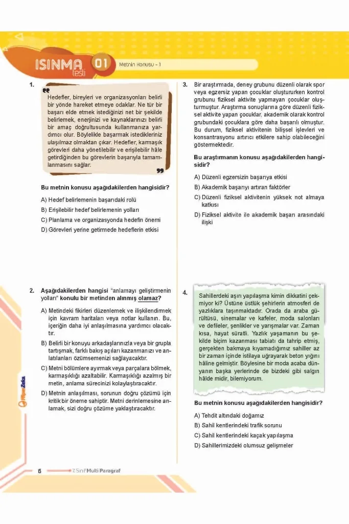 2026 7. Sınıf Multi Paragraf Soru Bankası