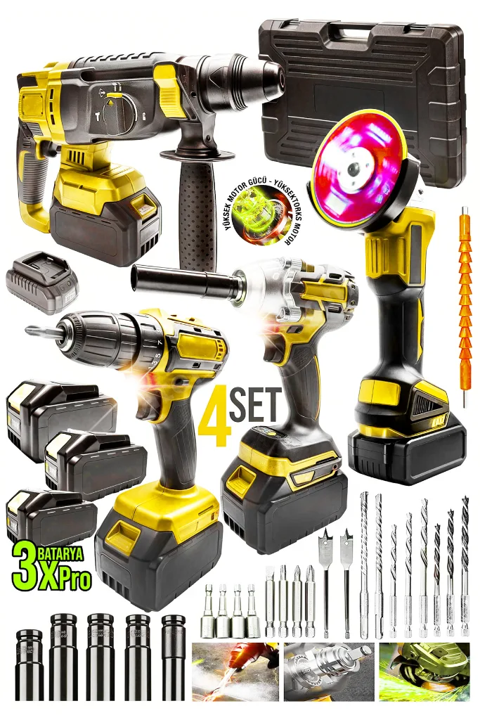 Profesyonel Şarjlı Darbeli 4'lü Set 2-26 Hilti 125mm Taşlama 13mm  Matkap 650 nm  Somun Sökme Hediye