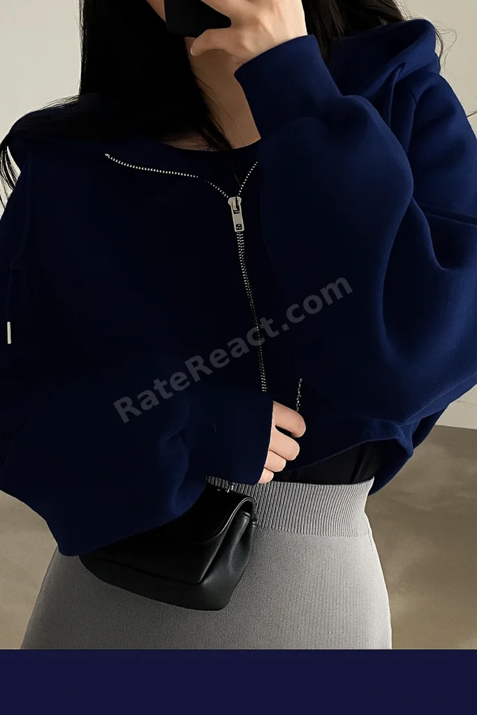 Lacivert Kapşonlu Fermuarlı Crop Sweatshirt Hırka