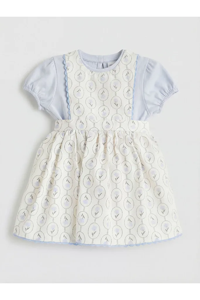 LCW baby Ekru Desenli Kız Bebek Poplin Elbise