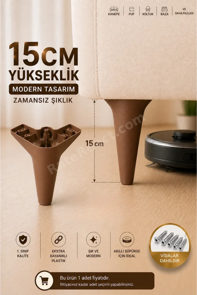 Mobilya - Baza - Koltuk - Akıllı Masa Ayağı, Ahşap Ceviz Renk Ayak (4 LÜ DEĞİL ADET FİYATIDIR ) 15 Cm - Vida dahildir.
