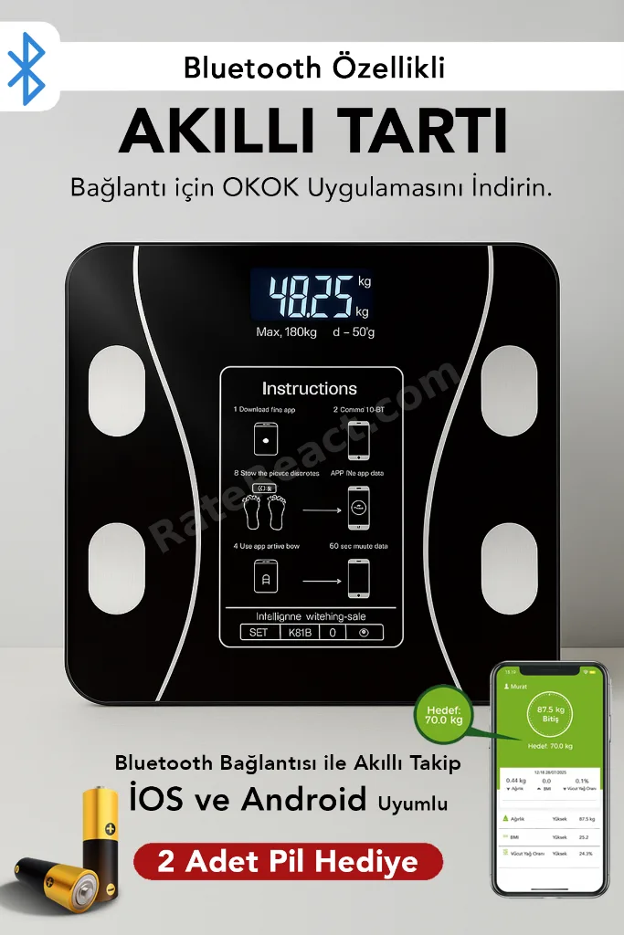 Dijital Bluetooth Baskül - Yağ Su Kas Vücut Kitle Endeksi Kilo Ölçer Tartı Vücut Analiz Cihazı Siyah
