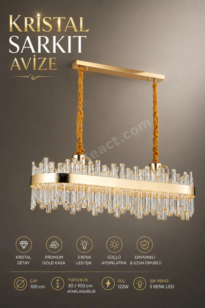 Modern (PREMIUM) Gold Kristal Sarkıt Avize 3 Renk LED Aydınlatma Lüks Salon Yemek Odası Avizesi 122W