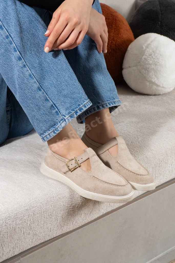 Kadın Bej Süet Loafer Ayakkabı Elite Comfort Makosen Rahat Günlük Ofis Casual Saraç Detay Tokalı