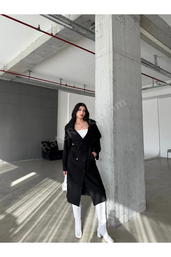 Siyah Astarlı Cepli Uzun Kaban Mont