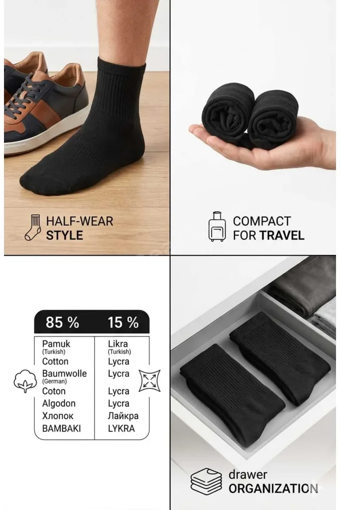 12 Li Pamuklu Ribanalı Yarım Konç Konfor Çorabı - Pamuk & Likralı -Unisex