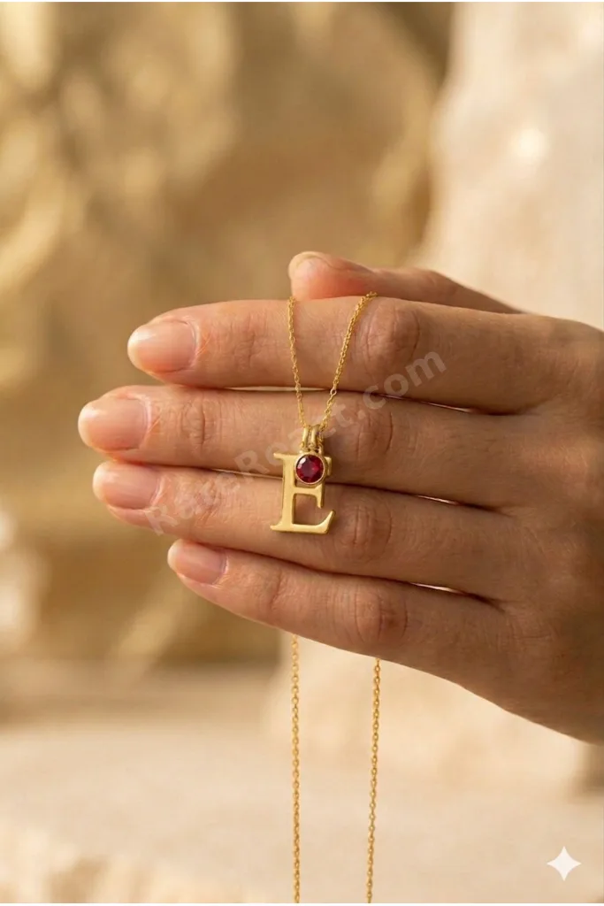 Kişiye Özel Harfli ve Doğum Taşlı Gold Rengi 925 Ayar Orjinal Gümüş Kolye