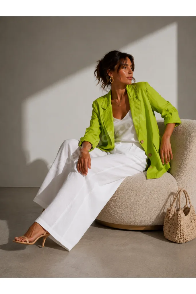 Fıstık Yeşili Keten Görünümlü Blazer Ceket – Oversize Yazlık Şık Ceket