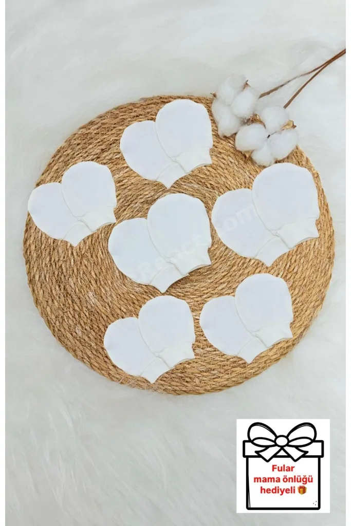 Unisex Bebek Yenidoğan Penye Organik Pamuklu Bebek Eldiveni 6 Çift Set -Beyaz
