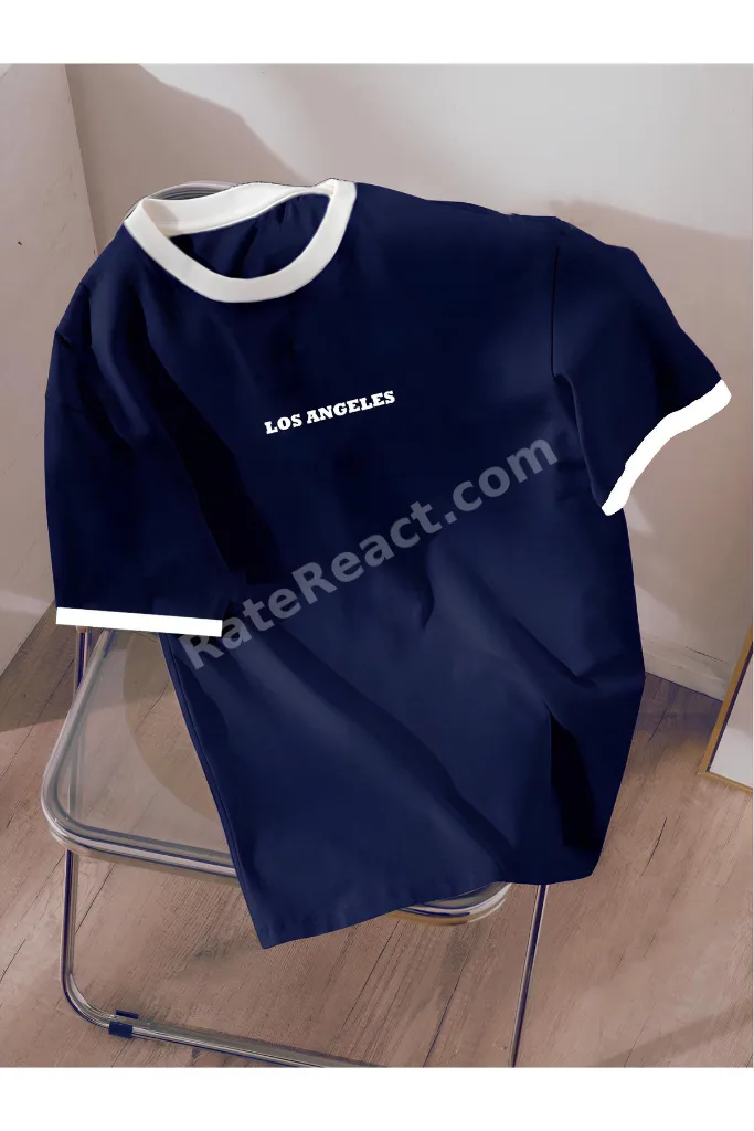 Unisex Erkek/Kadın Lacivert Beyaz Yaka LOSANGELES Özel Baskılı Oversize Pamuklu T-Shirt Tişört