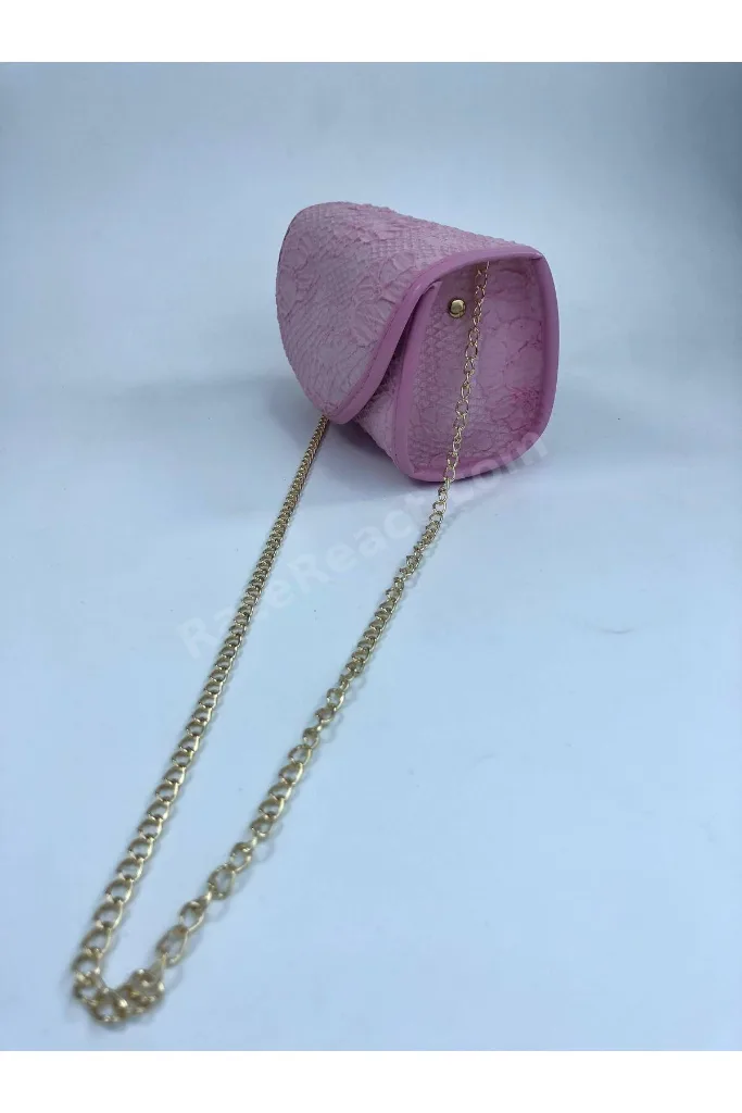 Gold Zincir Askılı Pembe Dantelli Kız Çocuk Abiye Çanta
