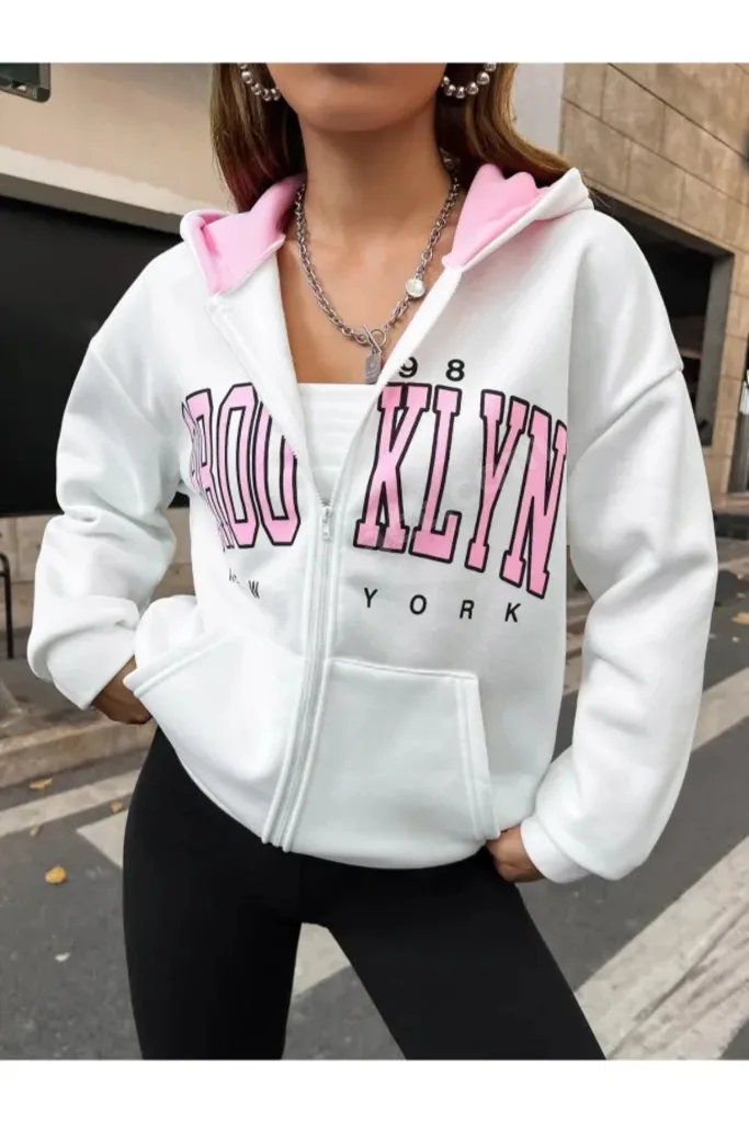Büyük Beden Unisex Beyaz Renk Fermuarlı Pembe Brooklyn Baskılı 3 İplik Polar Hırka / Ceket