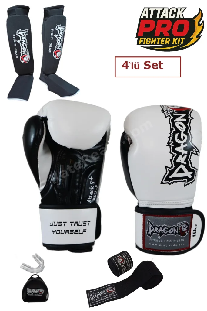 Dragon Attack 5 Plus Profesyonel Boks Eldiveni 4'lü Set Boks Eldiveni Kaval Koruyucu Bandaj Dişlik