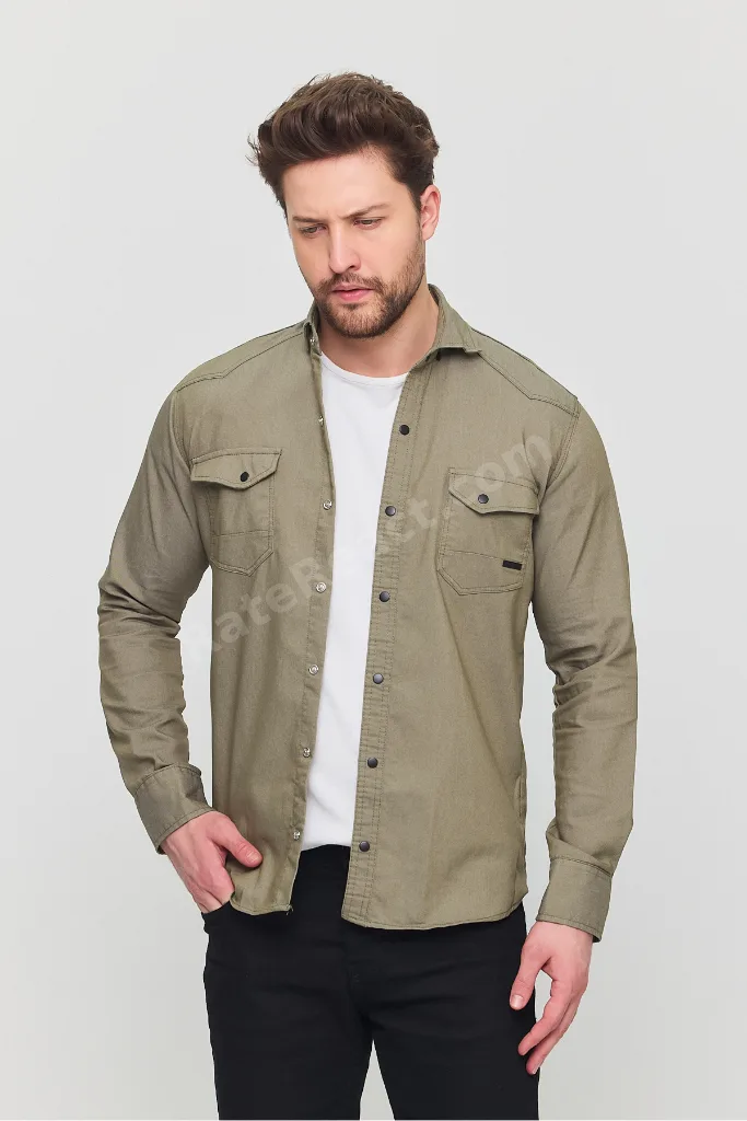 Slim Fit Dar Kalıp Kot Gömlek Açık Haki