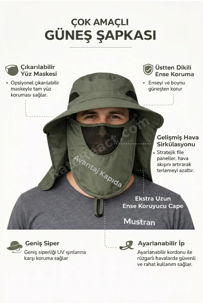 UV Korumalı Sök Tak Maskeli Unisex Enseli Güneş Şapka Sinek Koruyucu Tarla Balıkçı Kamp Outdoor Plaj