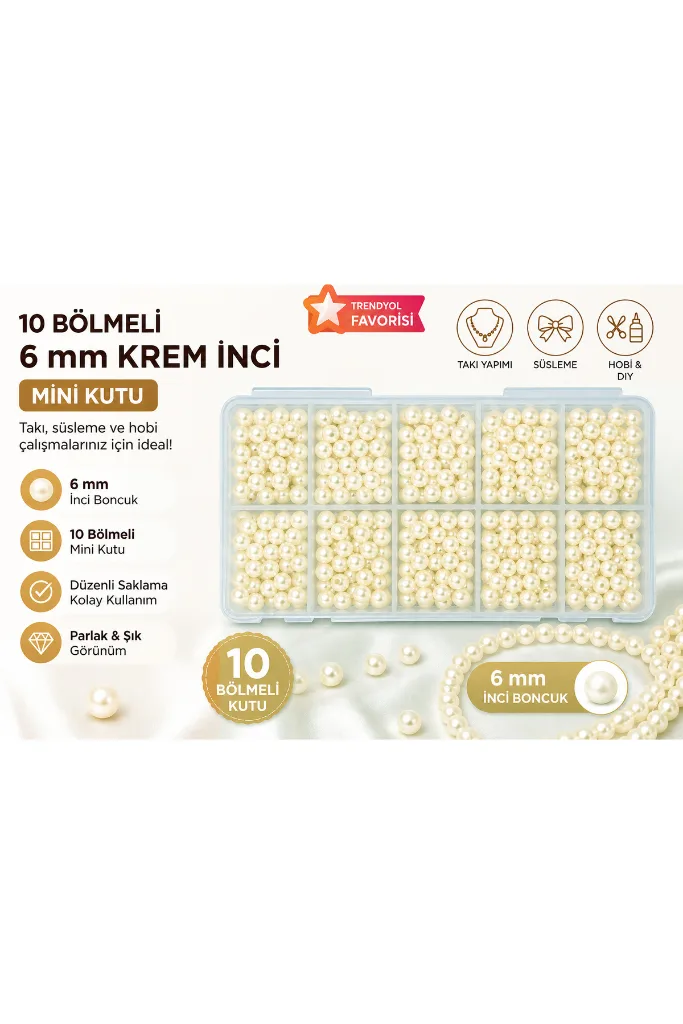 10 Bölmeli Mini Kutuda 6 mm İnci Boncuk Krem İnci Bileklik Kolye Yapımı Malzeme