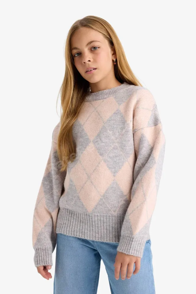Oversize Geniş Kalıp Bisiklet Yaka Baklava Desenli Triko Kazak Kız Çocuk F5517A825WN