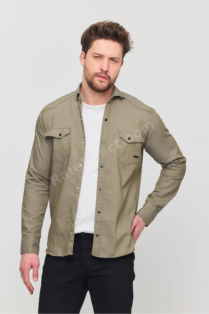 Slim Fit Dar Kalıp Kot Gömlek Açık Haki