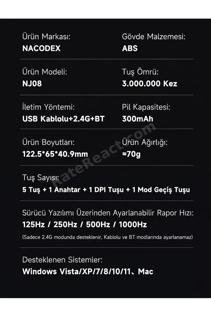 NJ08 MC Kablosuz 3 Modlu RGB Oyuncu Mouse 24.000 DPI Paw 3311 Sensör